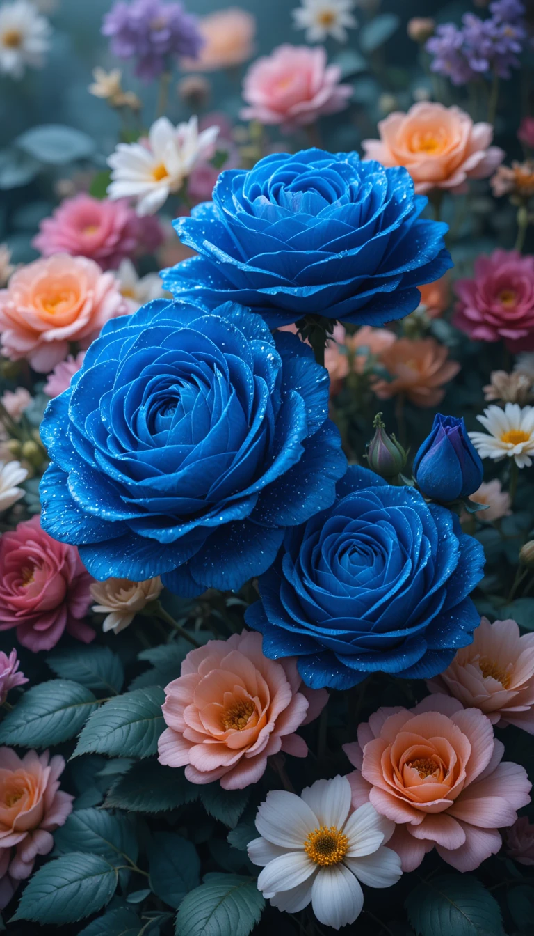 Kobaltblaue Rosen mit Tau­tropfen in einem lebendigen Garten