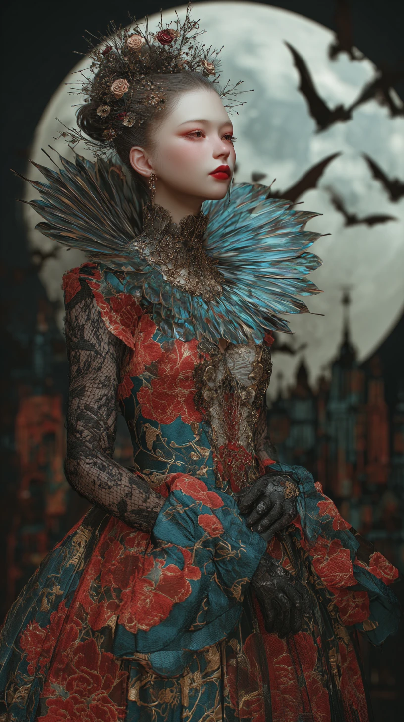 Vampire noblewoman in feathered gown under a full moon