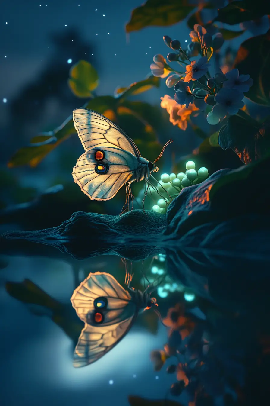 Monstrous moonlit plants with a lone moth and flowers