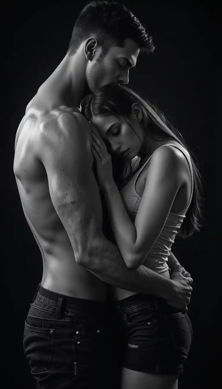 Intimate monochrome embrace of a young couple in studio