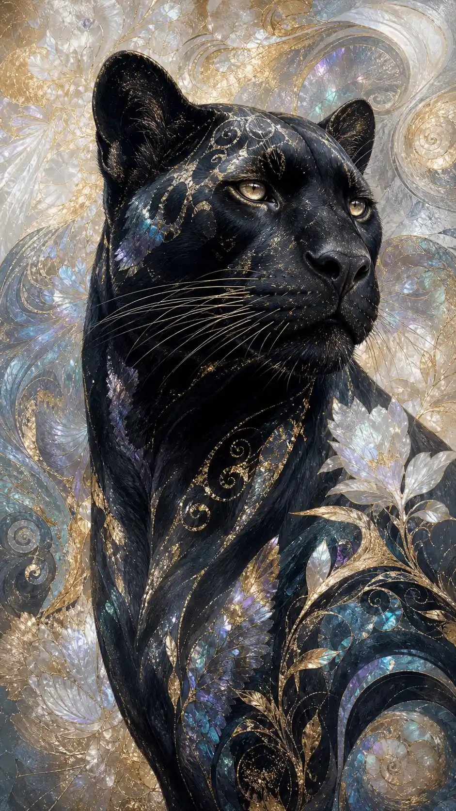 Black panther with golden accents in abstract mosaic art