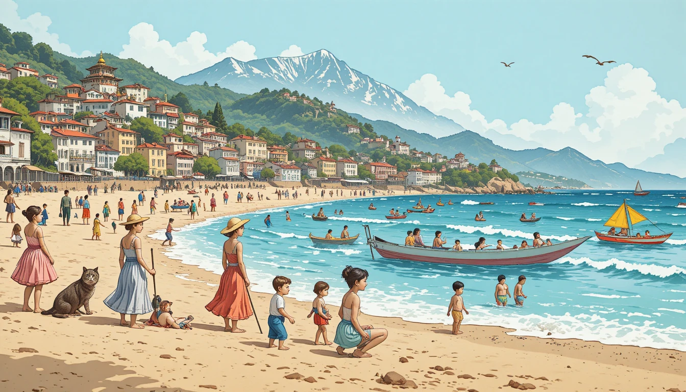 Illustrazione di gatto disegnata a mano ispirata a Kathmandu con scena in spiaggia