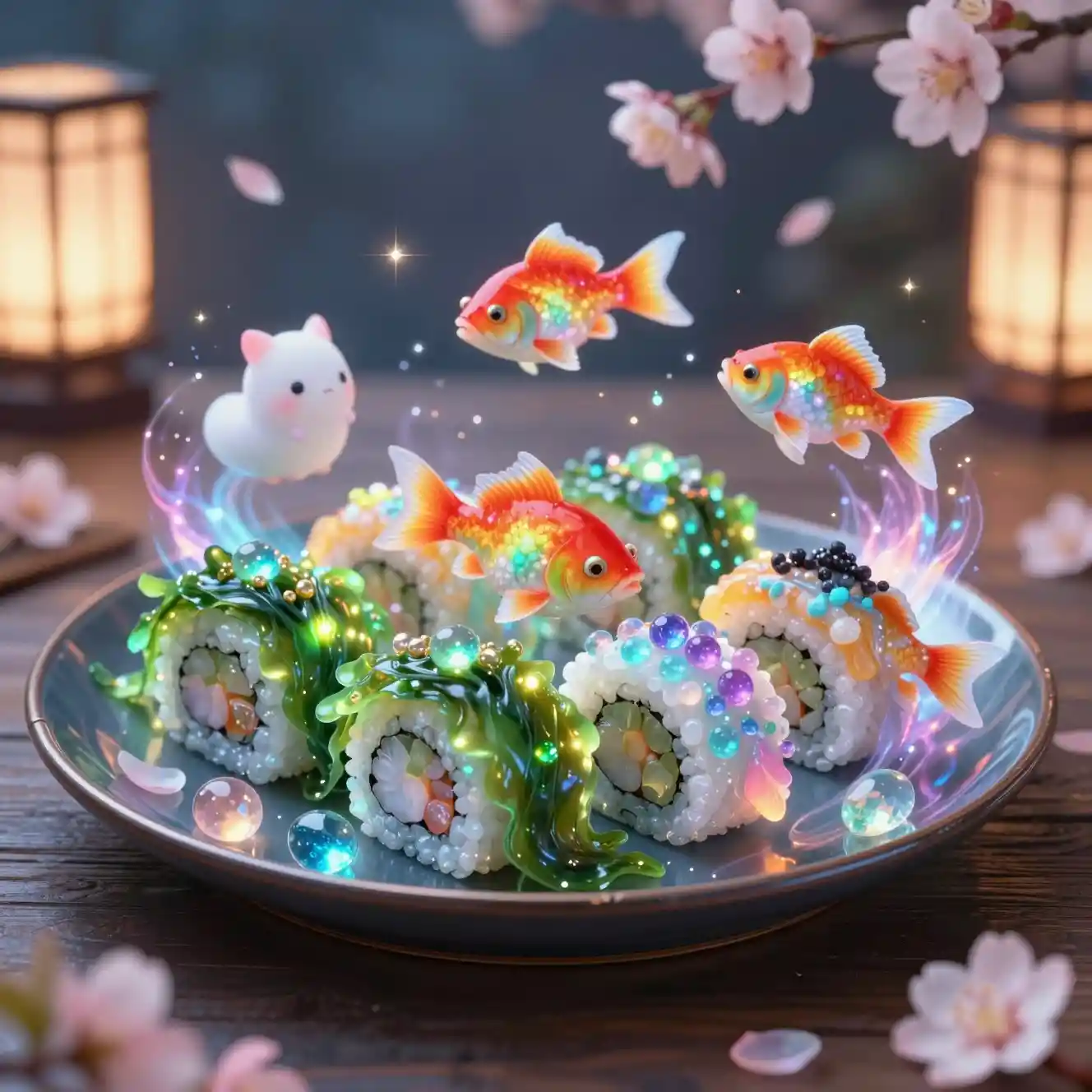 Bandeja de sushi mágica con gemas brillantes y espíritus
