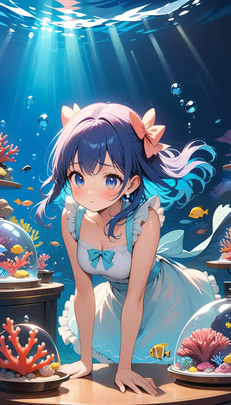 Cute bikini girl in underwater cooking exam hall