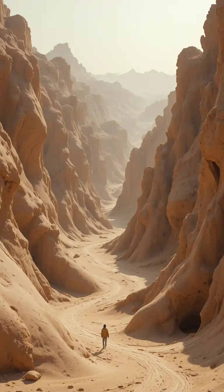 Figura solitaria caminando por un cañón desértico de arenisca fluida