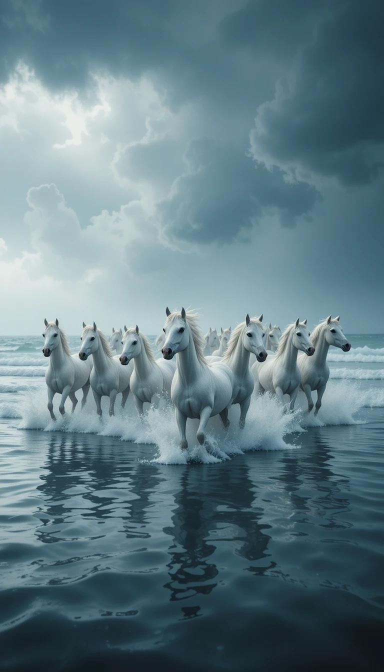 Caballos blancos galopando sobre la superficie de un océano tempestuoso