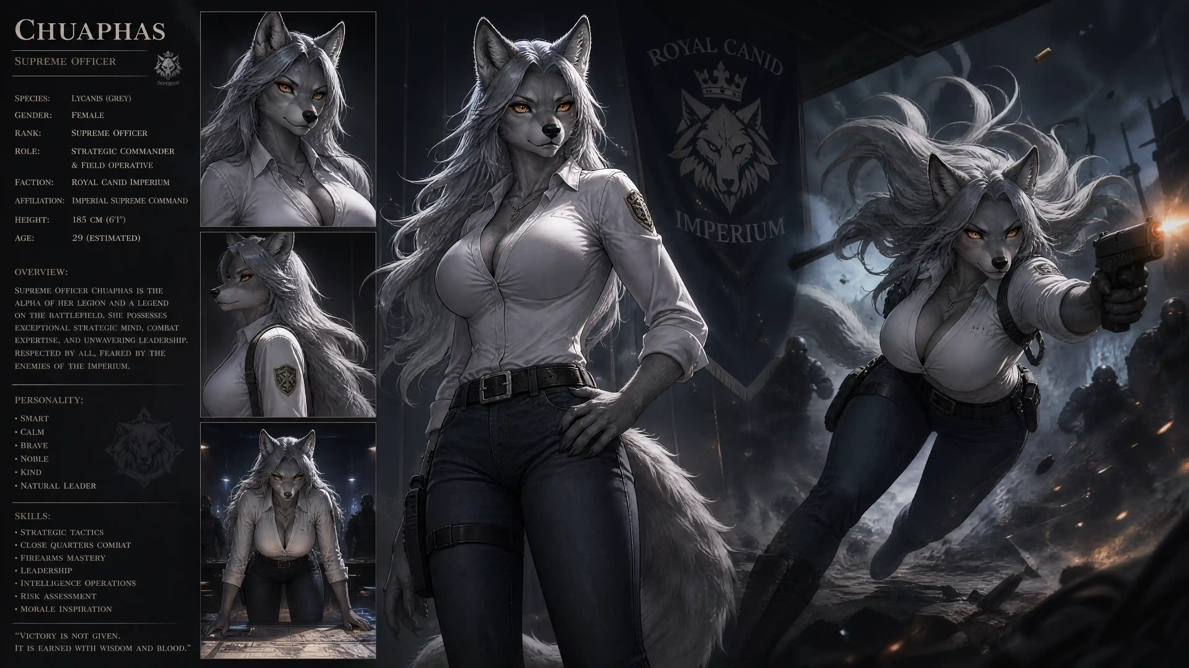 Noble oficial híbrida loba con atuendo de combate casual