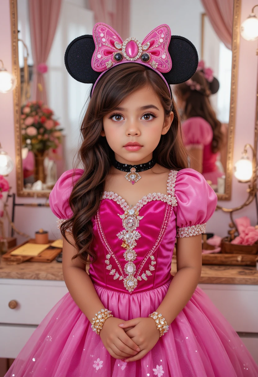 Niño hispano con disfraz de princesa Minnie frente al tocador