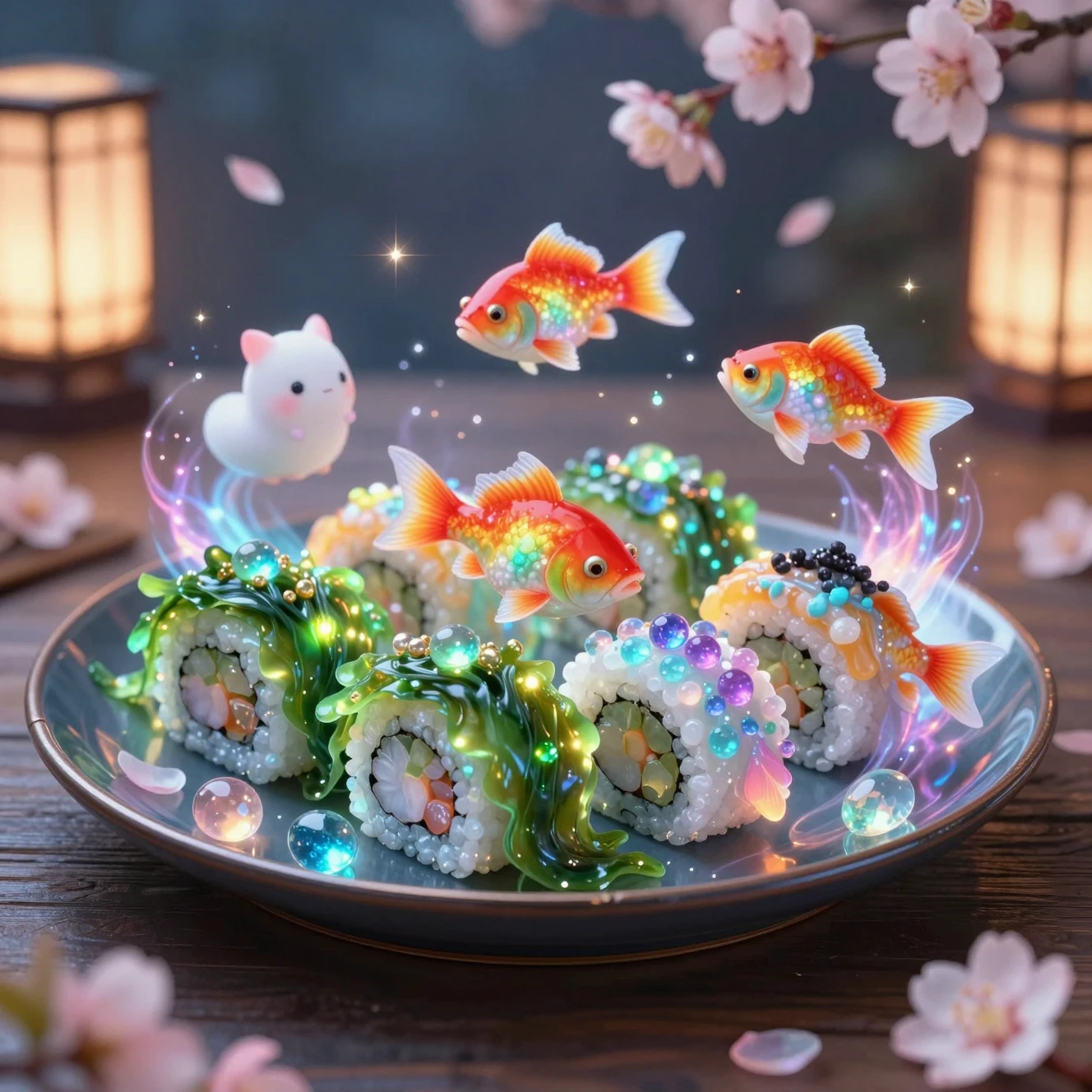 Bandeja de sushi mágica con gemas brillantes y espíritus
