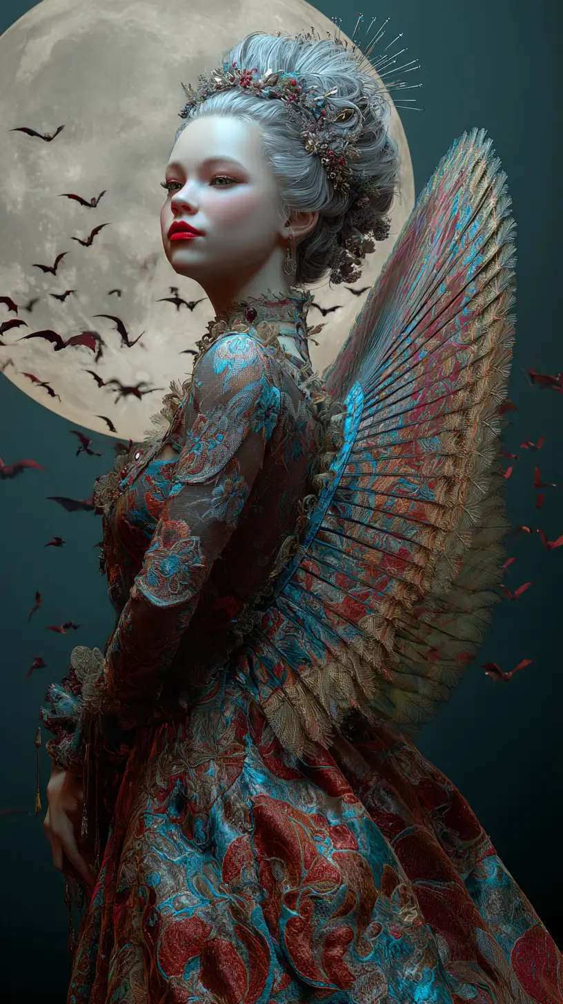 Dark vampire noblewoman in feathered gothic moonlit gown
