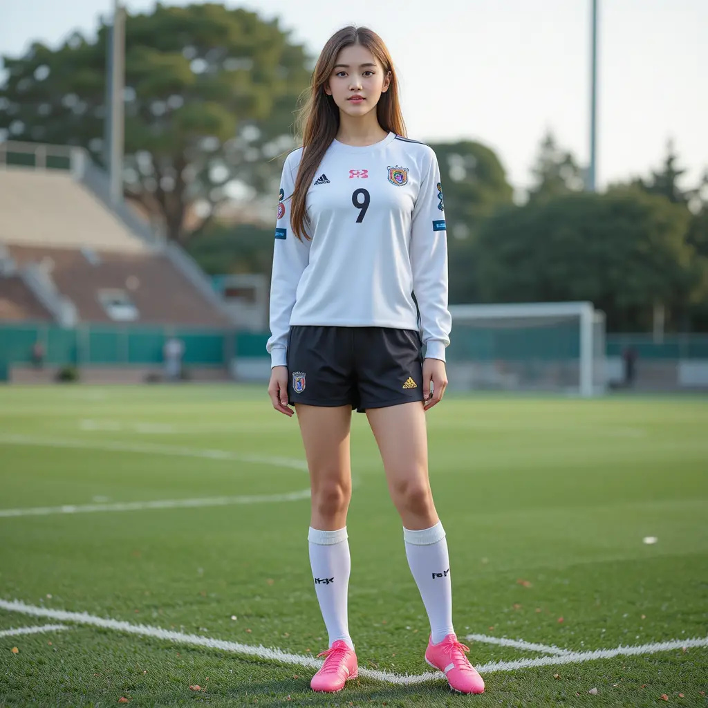 축구 유니폼을 입고 축구장에 서 있는 젊은 한국인 여성