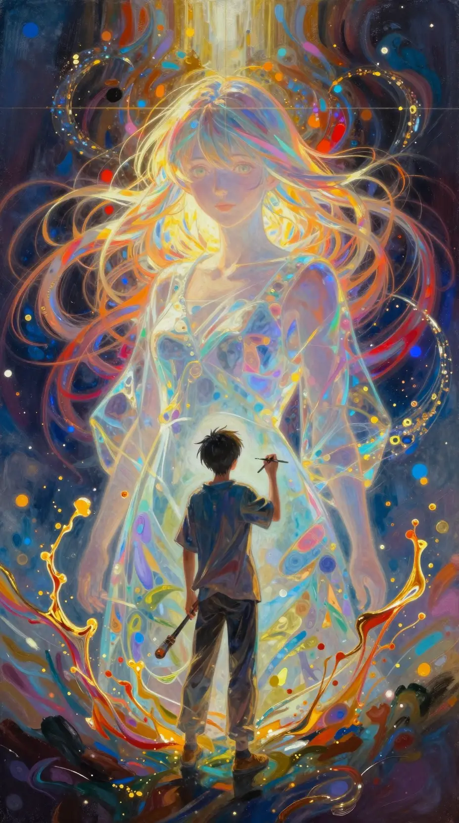 Young artist painting a transparent girl in hazy colors