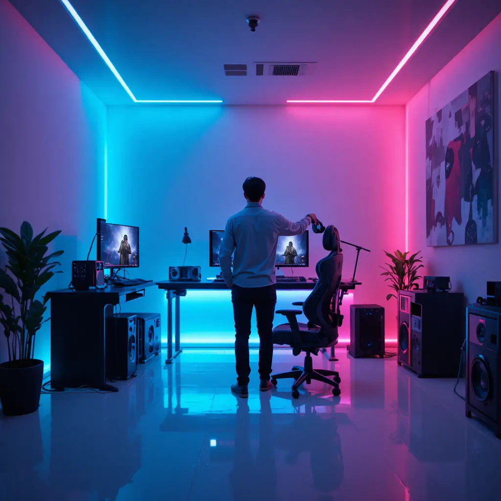 Woman standing in a white space as gaming room appears