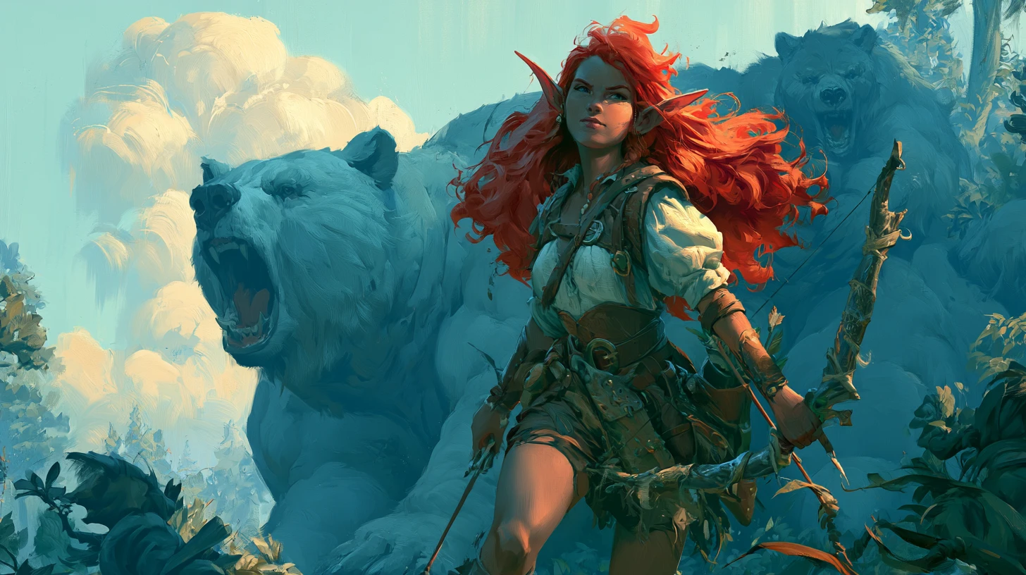 Elf warrior woman with bear guardian in mystical forest