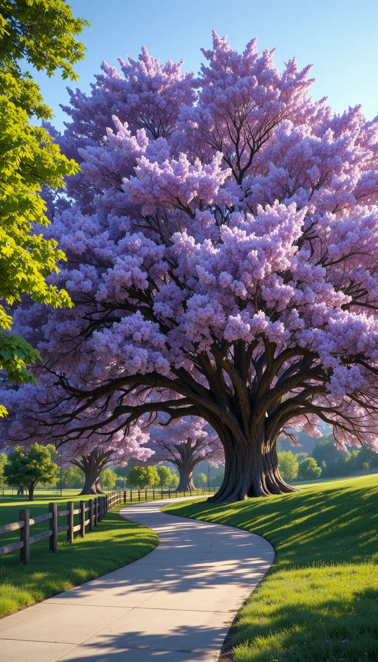 Árbol florecido lavanda arqueado sobre un sendero de parque bañado por el sol