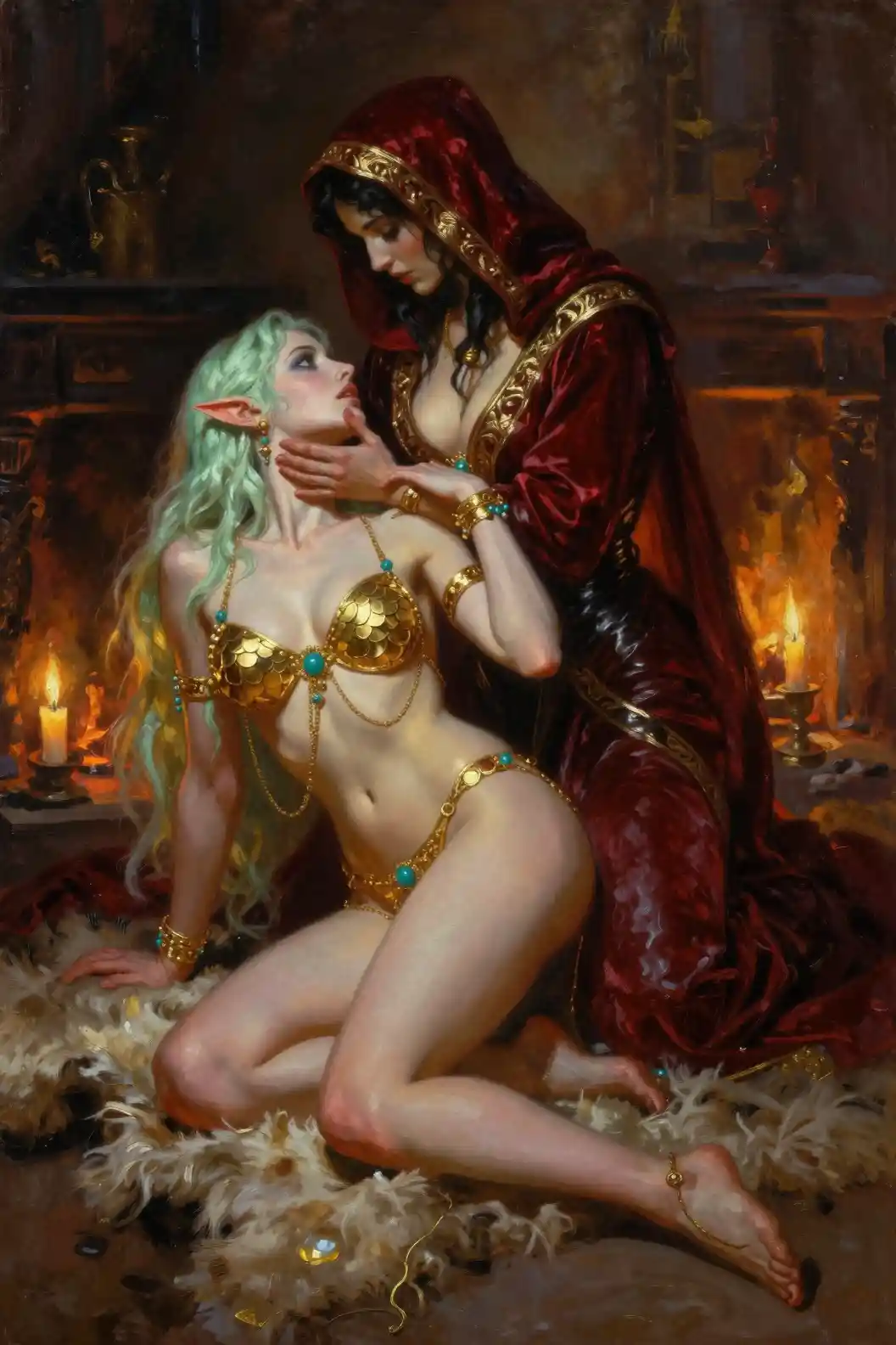 感性奇幻女祭司引導她的精靈愛人踏上毛皮之床