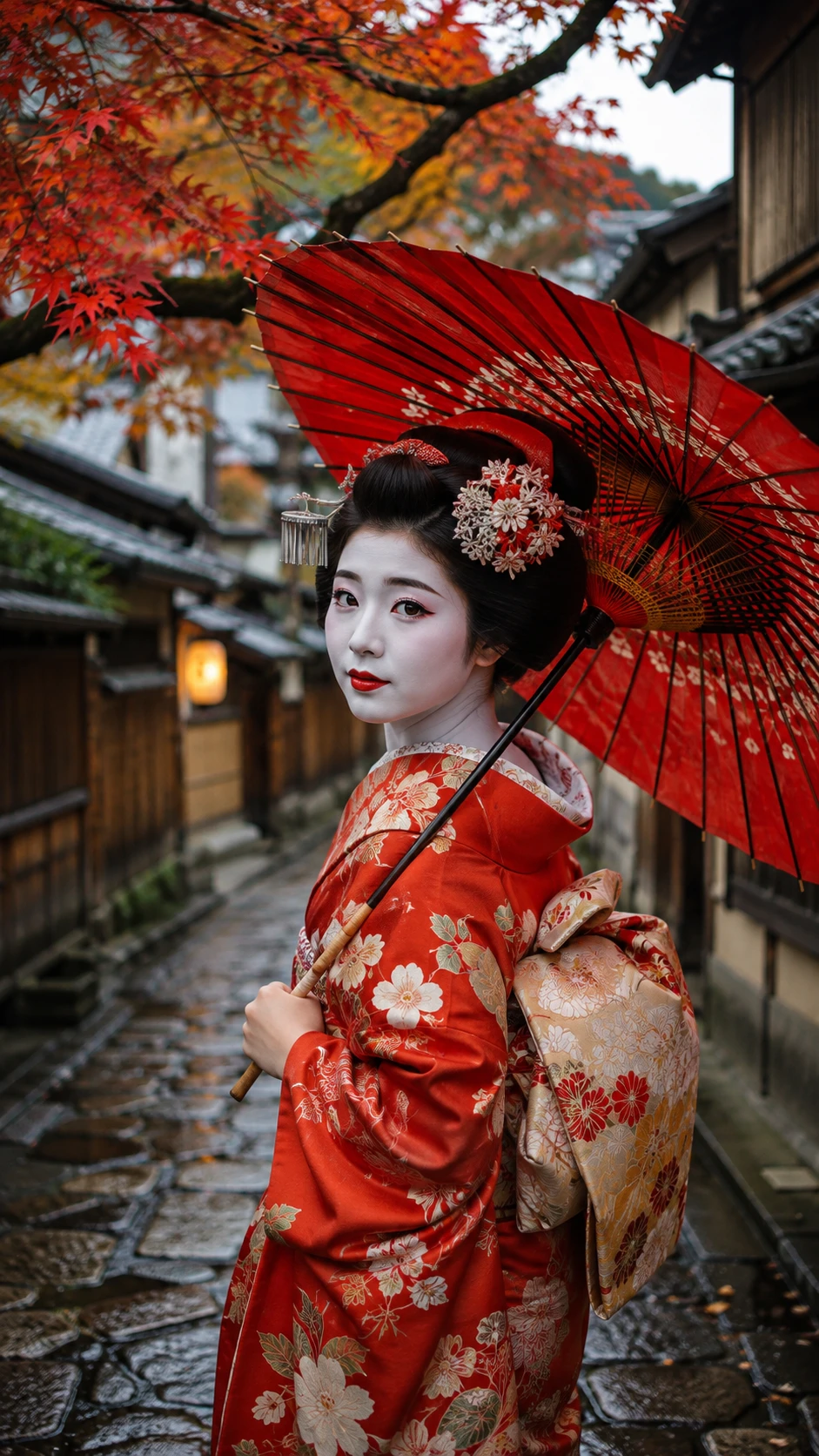 Retrato de geisha japonesa en una calle histórica de Kioto