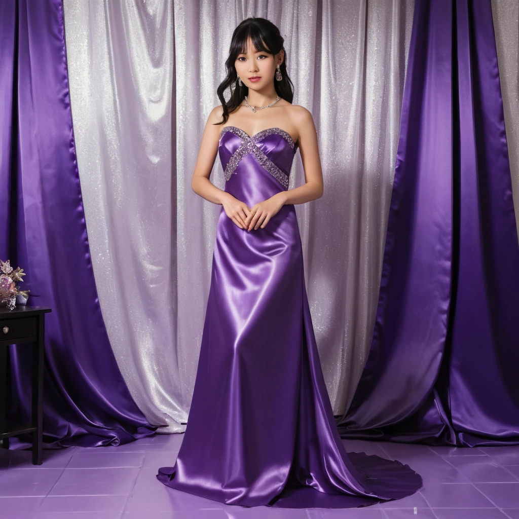 Elegante mujer japonesa con vestido de noche de satén púrpura real
