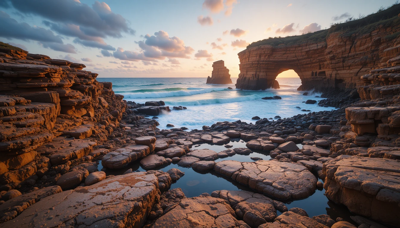 Paisaje marino al atardecer con acantilados escarpados y arco de roca