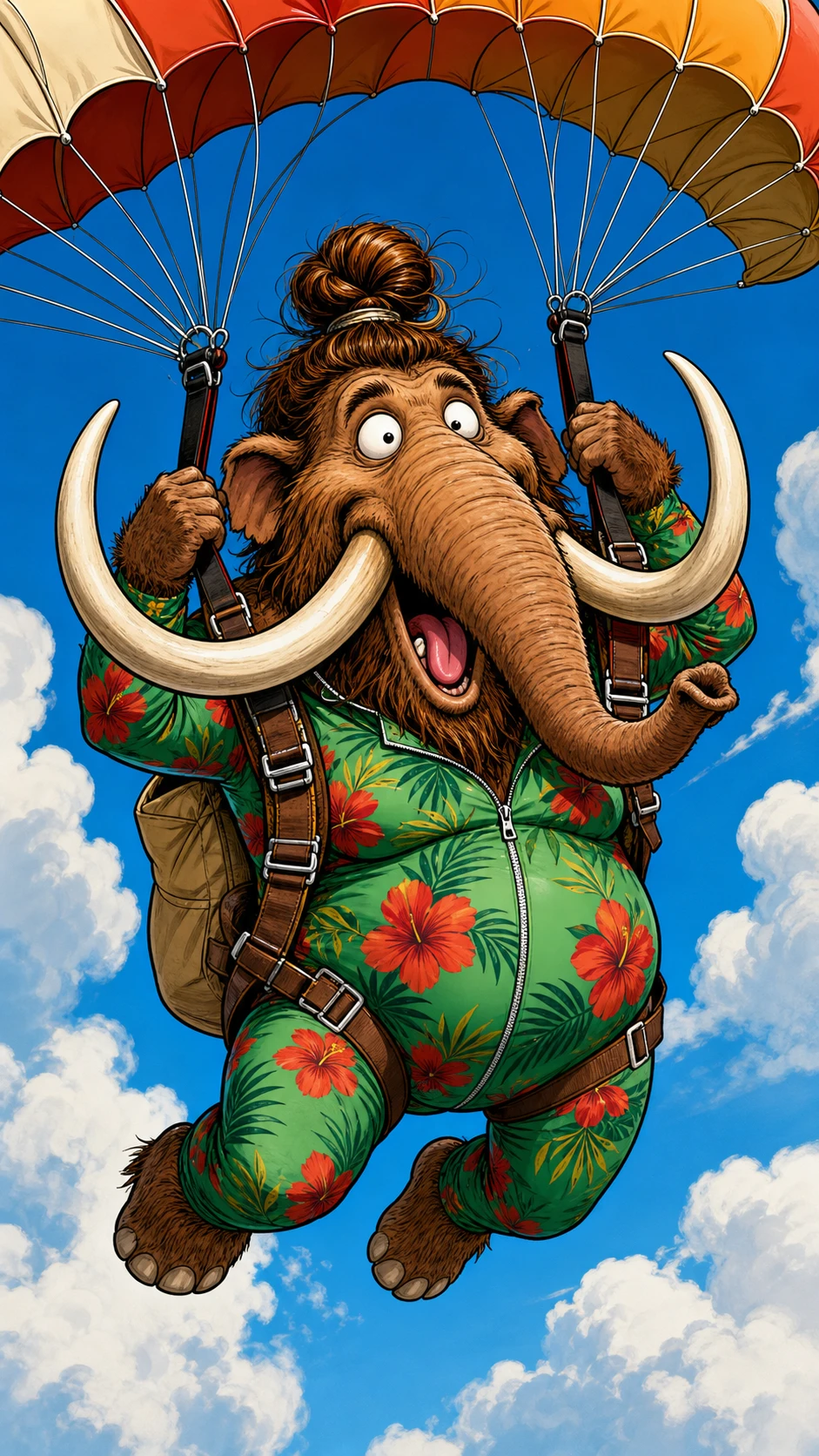 Cartoon-Mammut mit Fallschirm am strahlend blauen Himmel