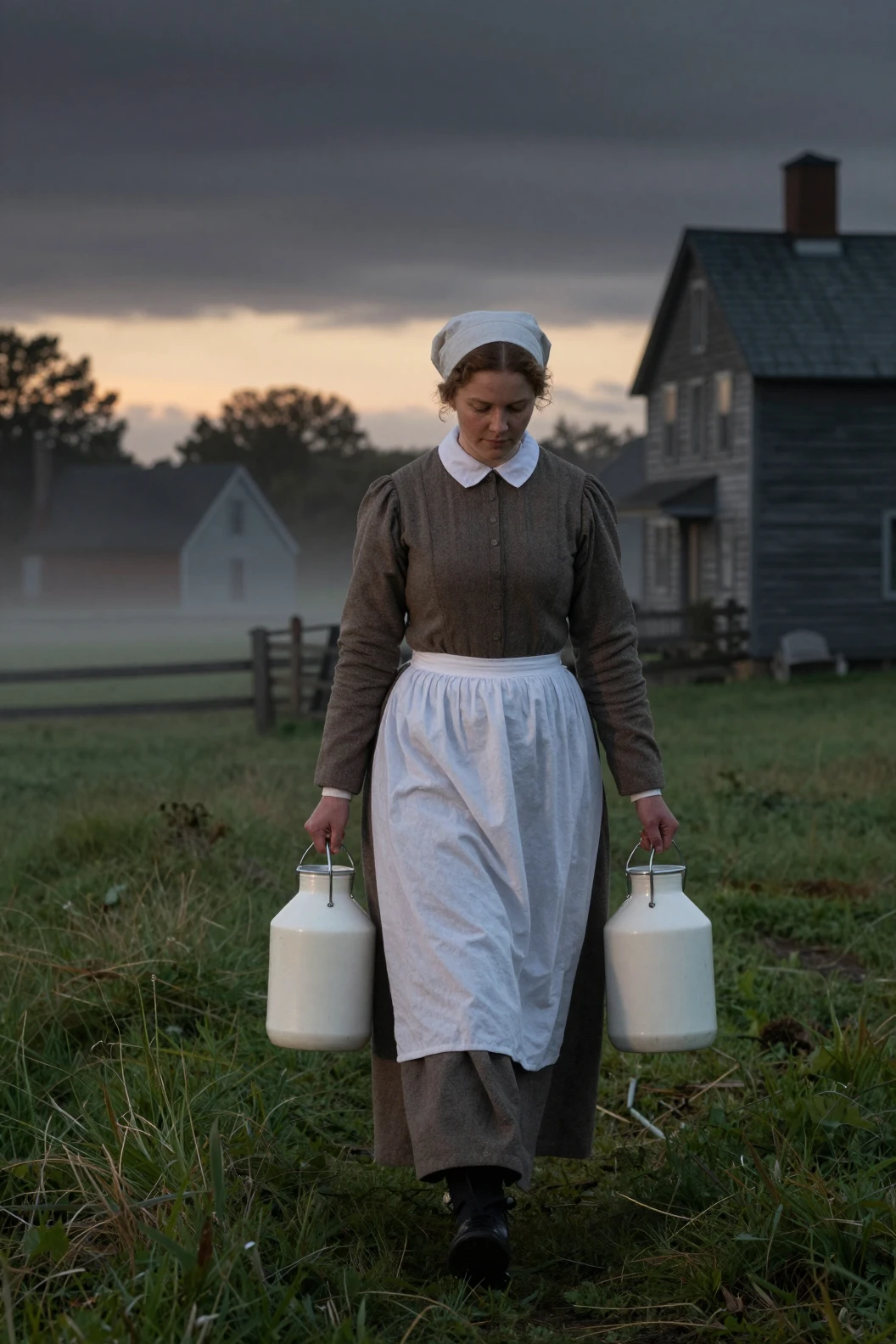 Mujer puritana que lleva cubos de leche por un sendero del pueblo al amanecer