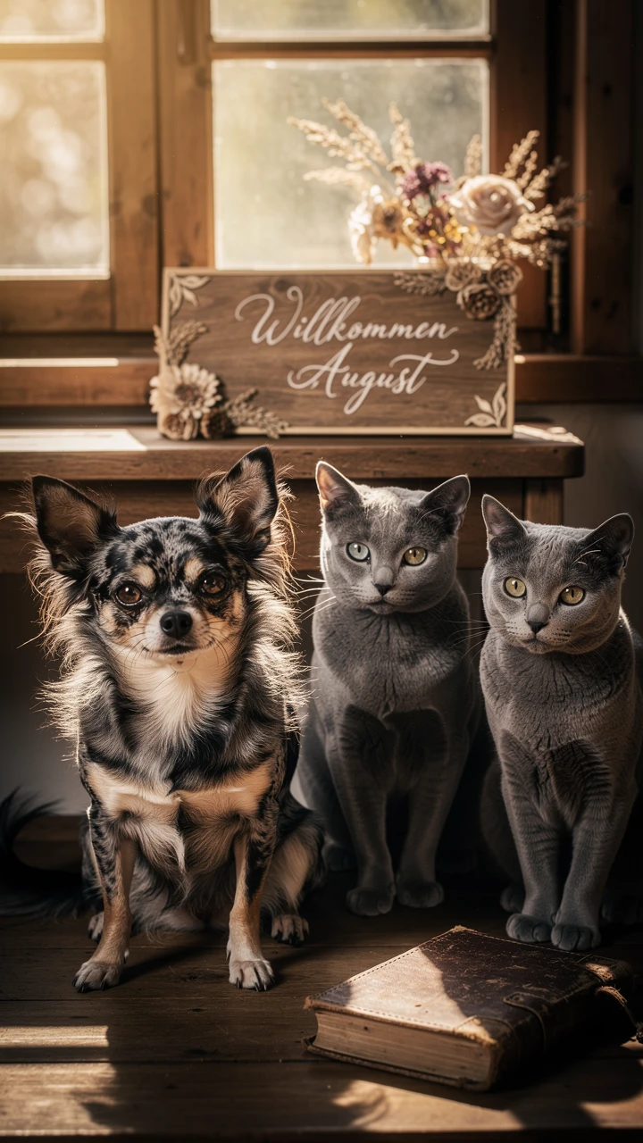 Chihuahua y Gatos British Shorthair a la Cálida Luz de Verano