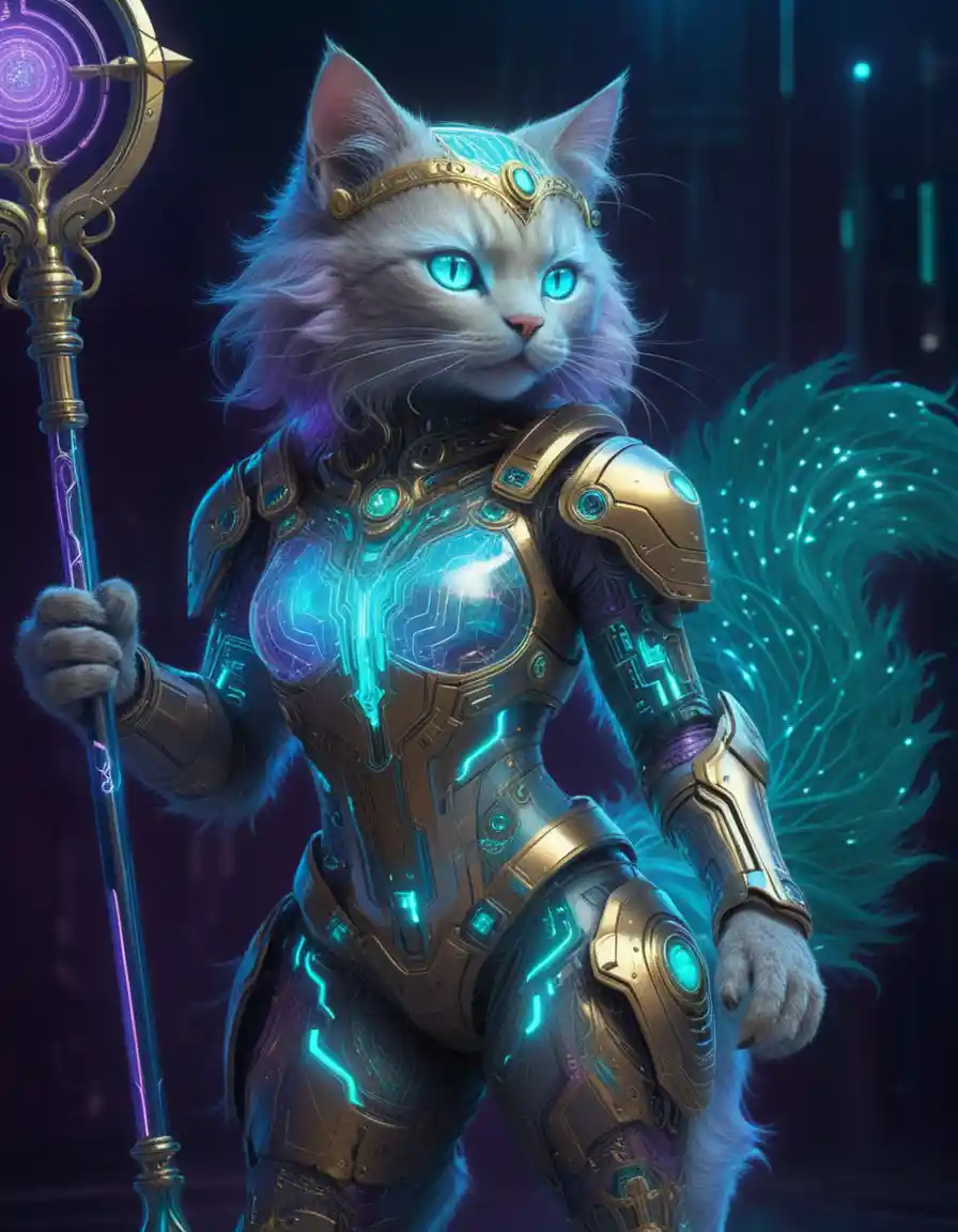 Híbrido felino cibernético con exotraje sci‑fi brillante