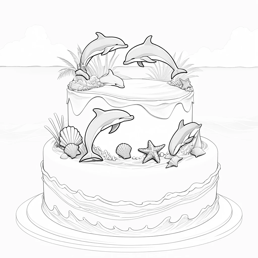 Torta di compleanno gioiosa con delfini sopra scintillanti onde dell’oceano