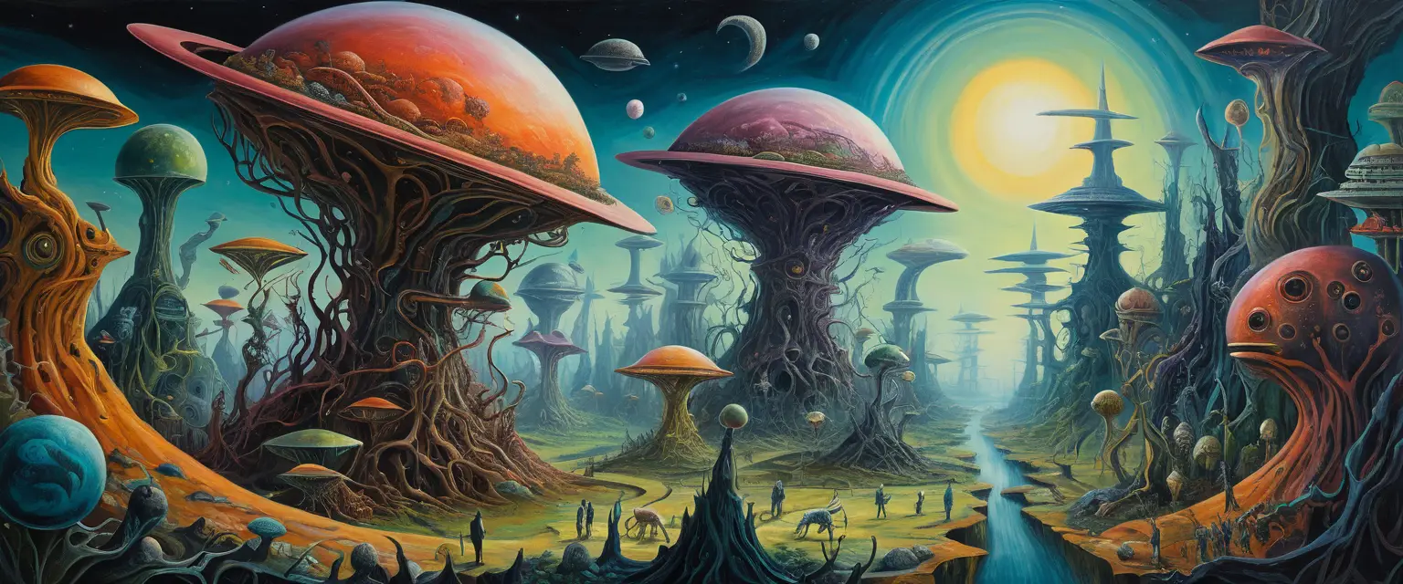 Surrealist realm of swirling hybrid creatures in chaos