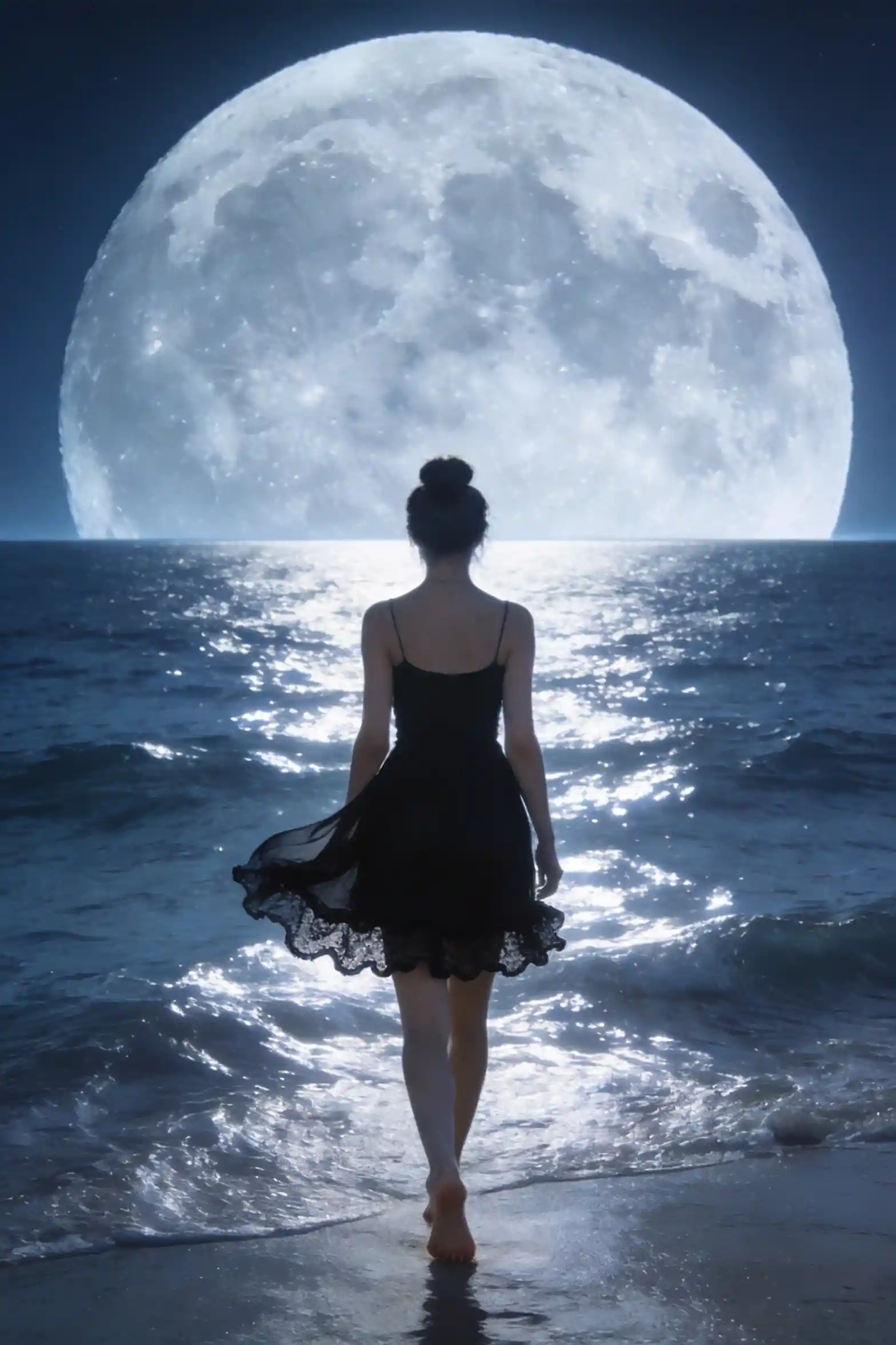 Chica descalza con vestido negro caminando hacia la luna gigante