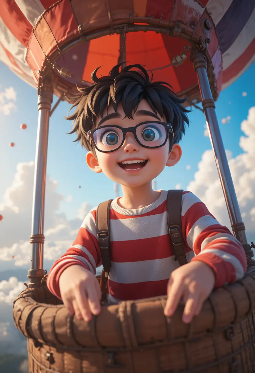 Chico de anime alegre en primer plano en un globo aerostático