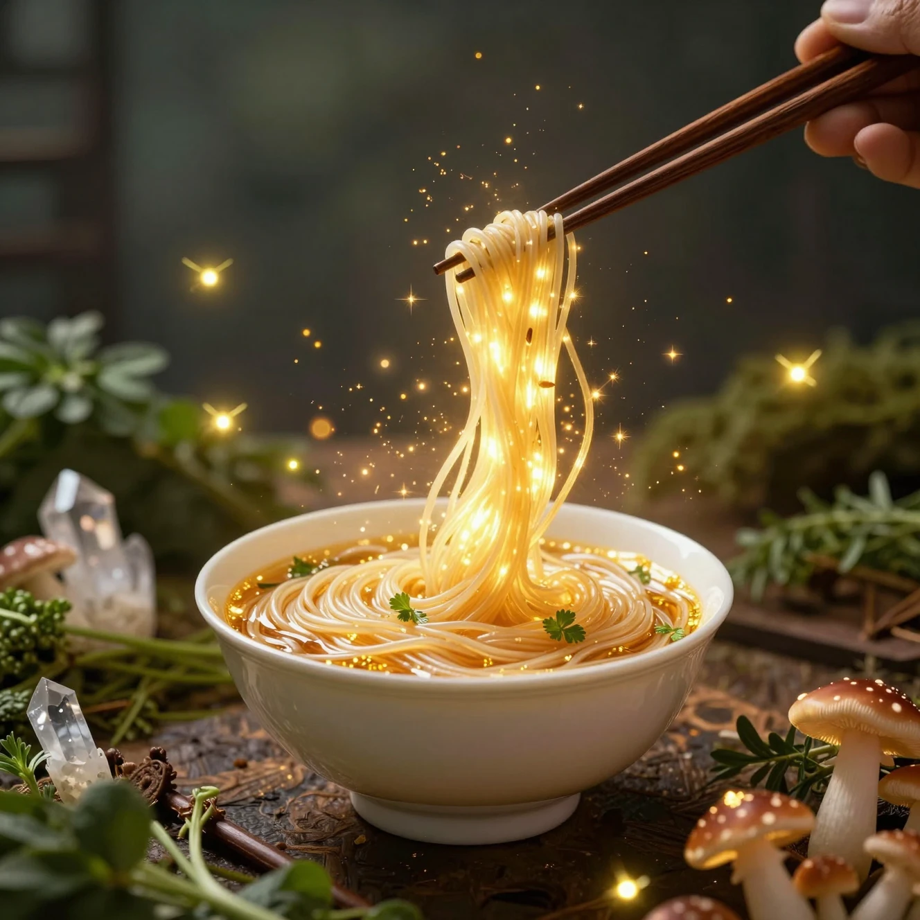 漂浮在魔法碗中的魔幻金色麵條