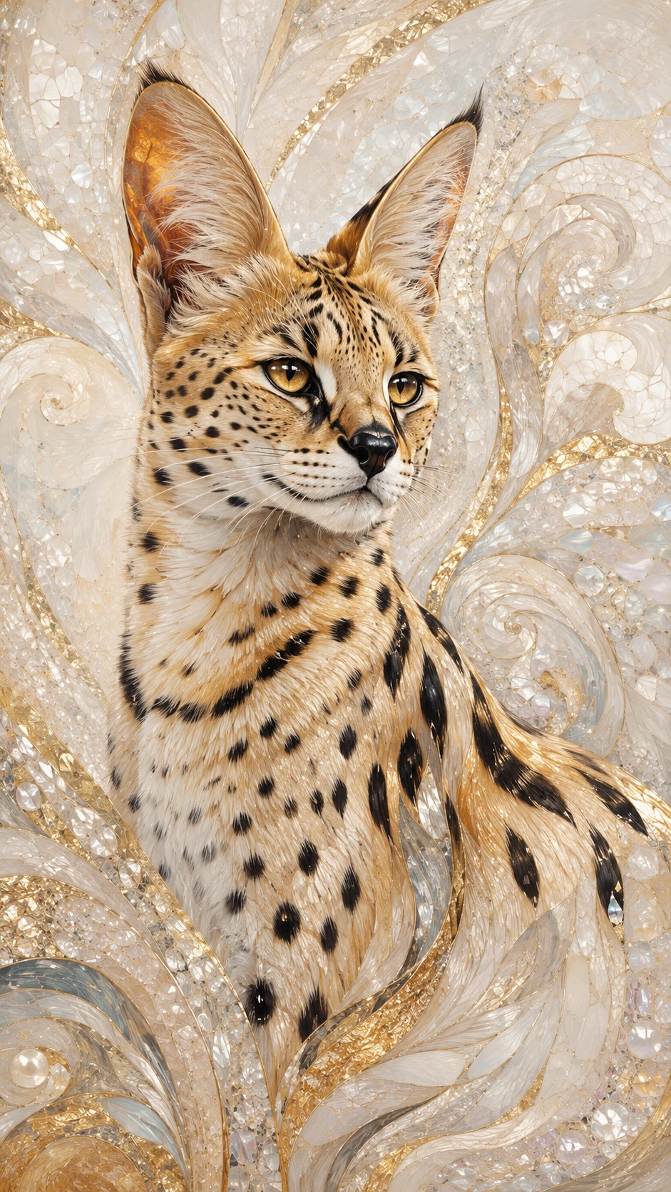 Serval elegante con toques dorados en arte de mosaico abstracto