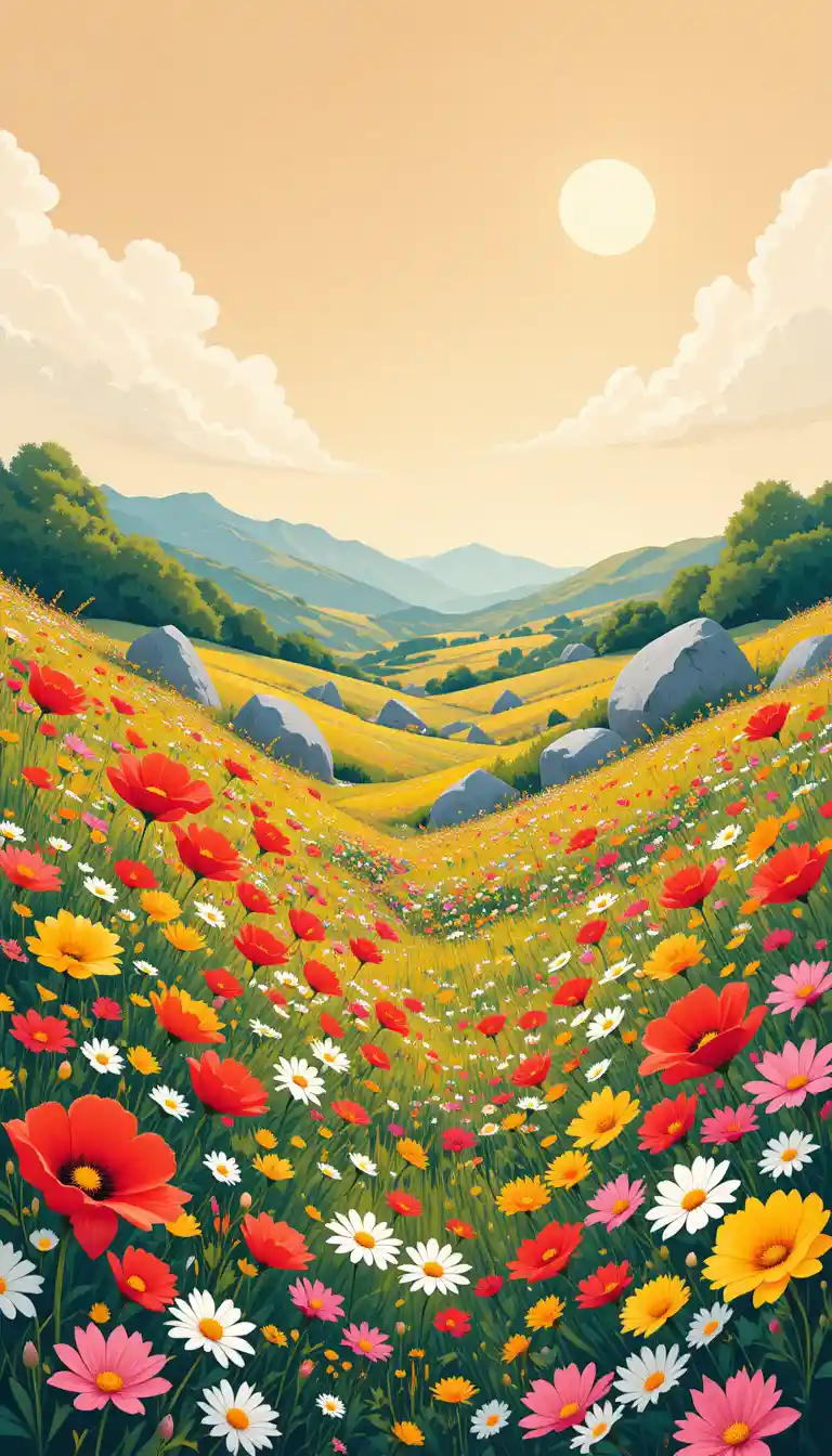Prado alegre de flores silvestres com colinas distantes ao sol