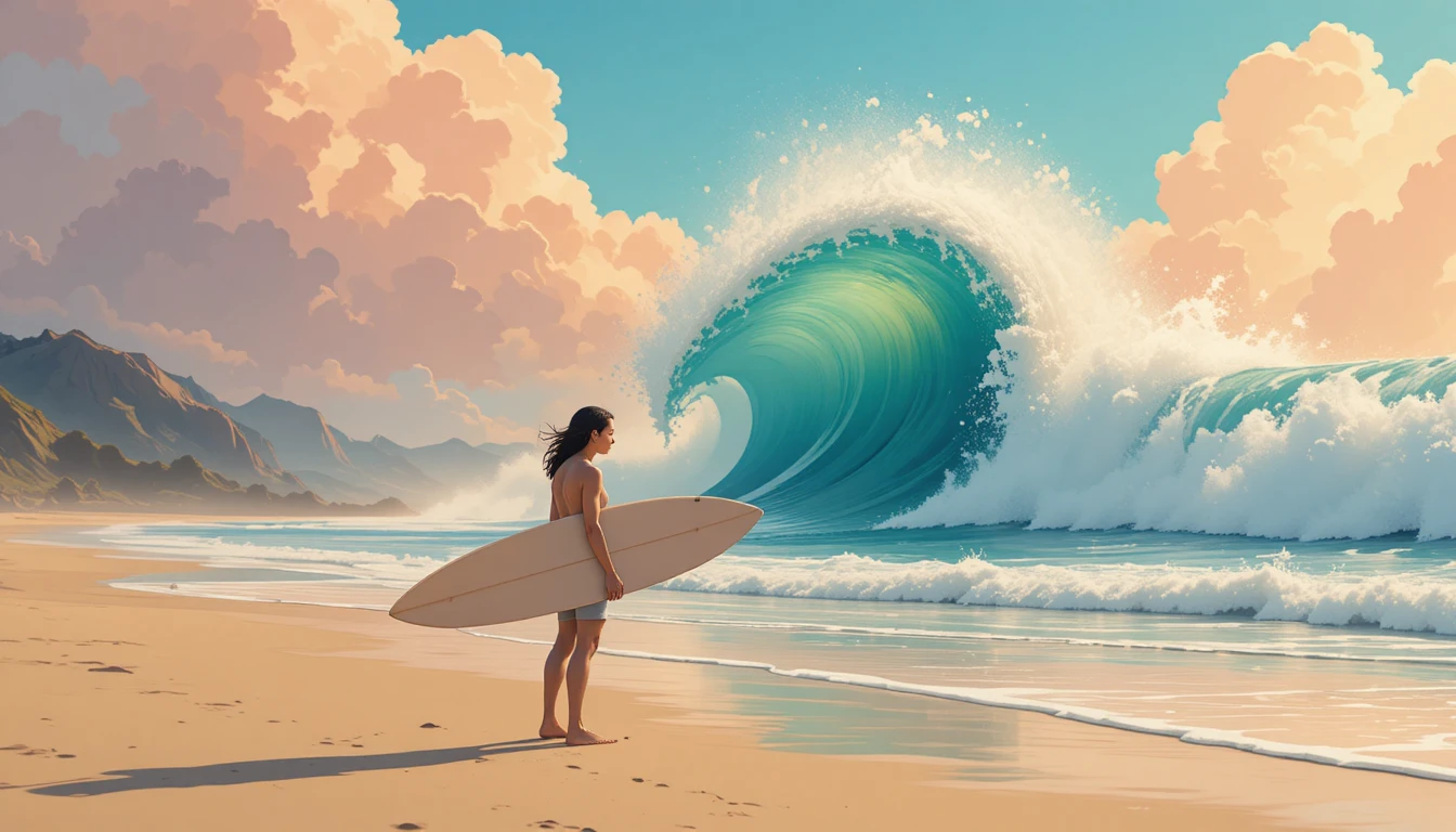 Surfista con tabla frente a una enorme ola del océano
