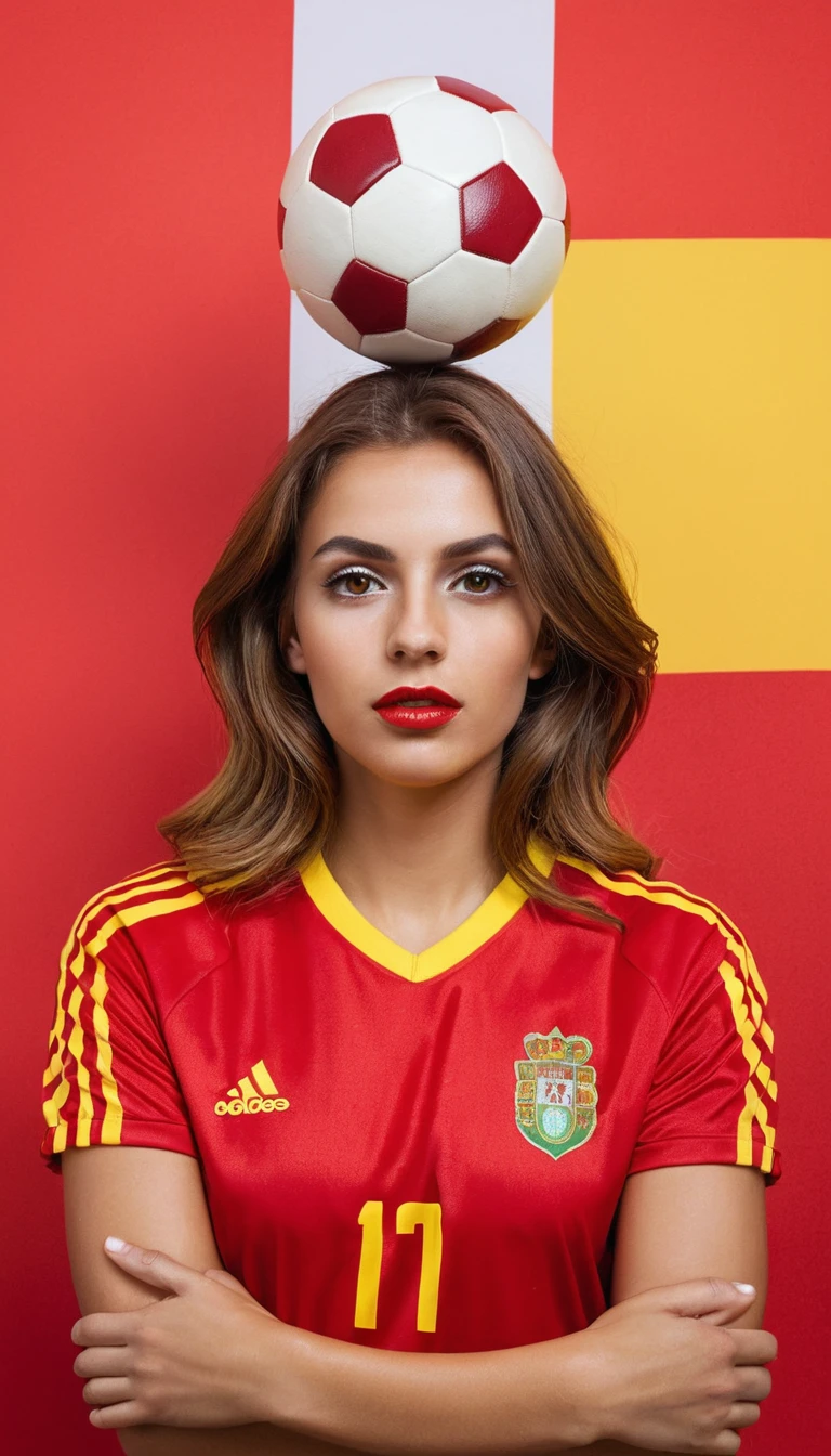 Attractive woman in tight Spain soccer kit posing confidently