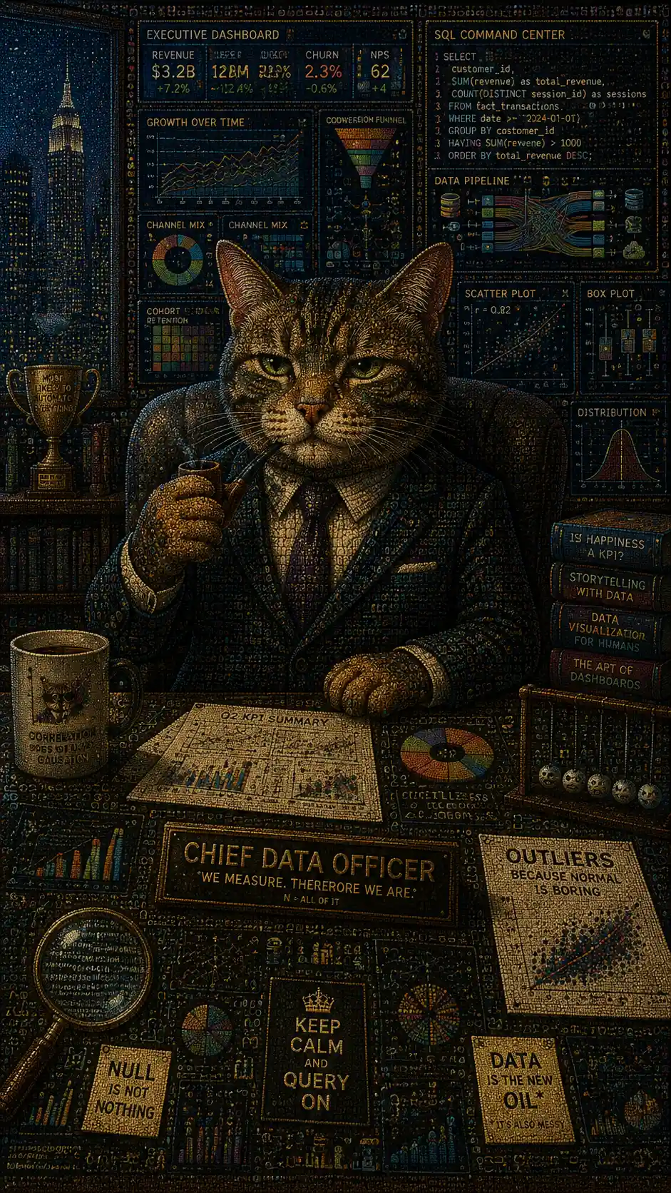 Surreal character portrait in an absurdly serious professional role