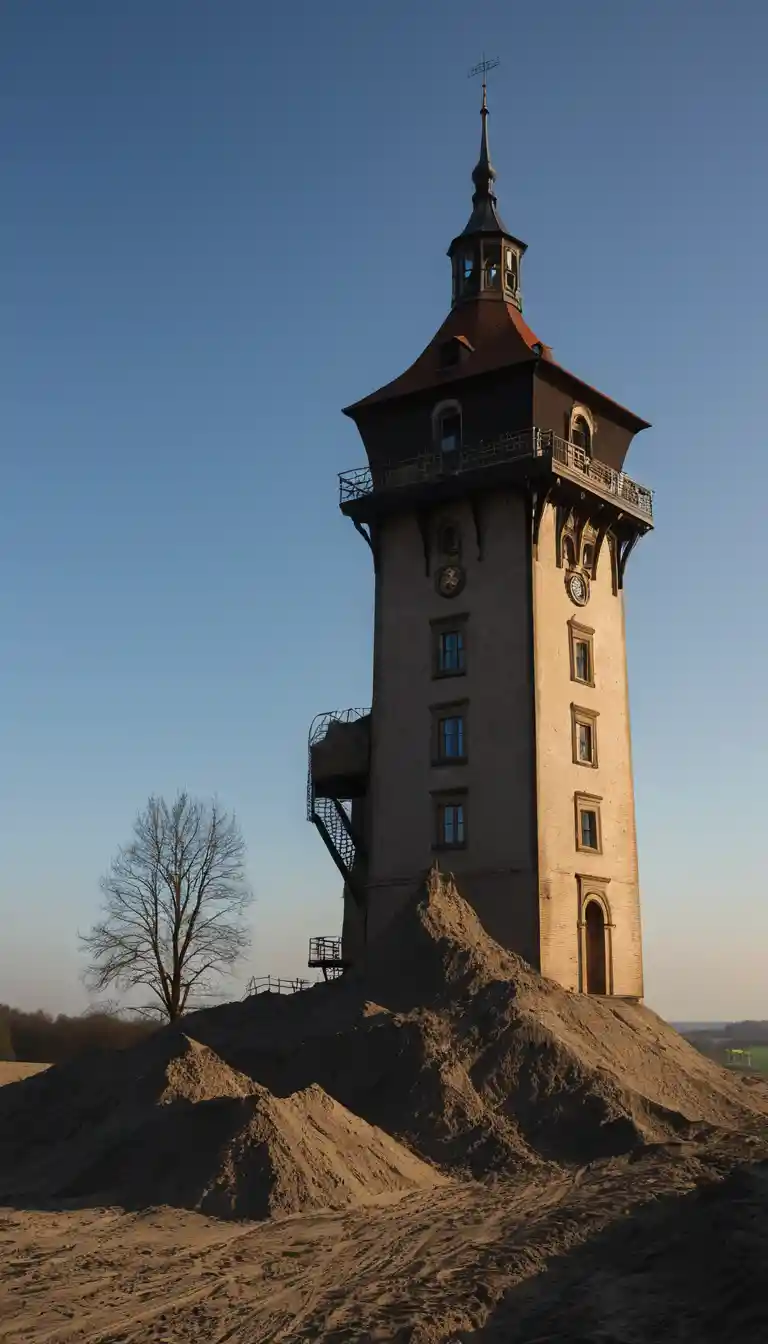 Solitaria torre del campanario medio enterrada al borde de un desierto
