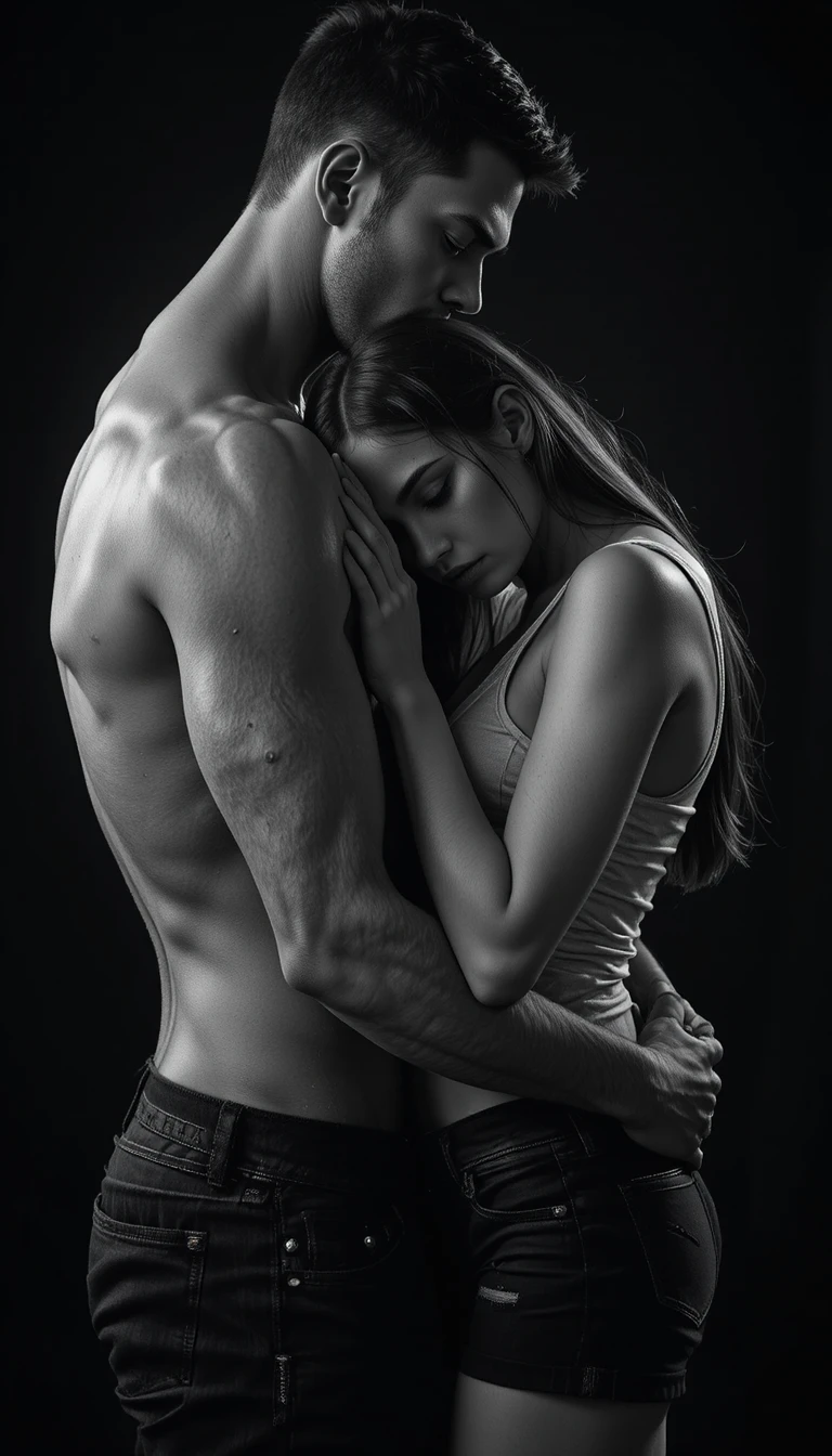 Abrazo íntimo en monocromo de una joven pareja en estudio