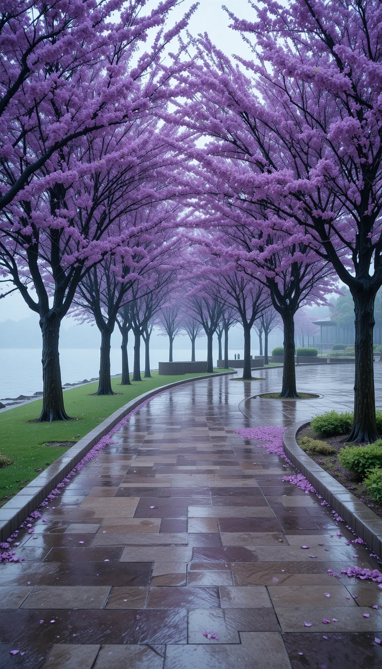 雨中湖畔步道與紫色花樹隧道