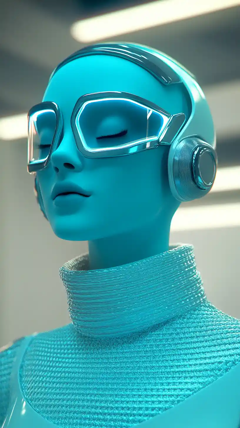 Surreal sci fi woman in turquoise chrome armor of perfection
