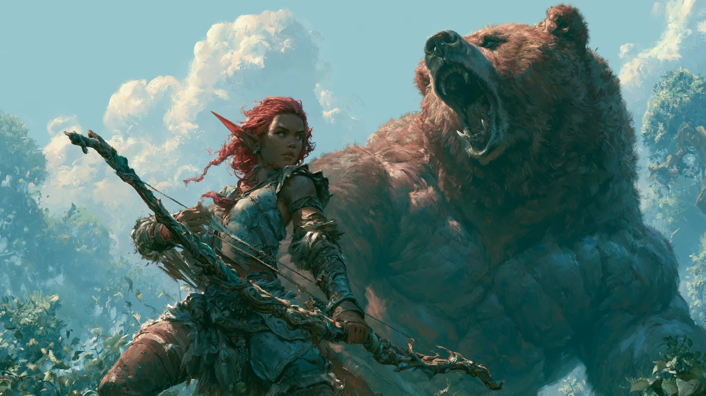 Elf warrior girl with roaring bear in mystical forest