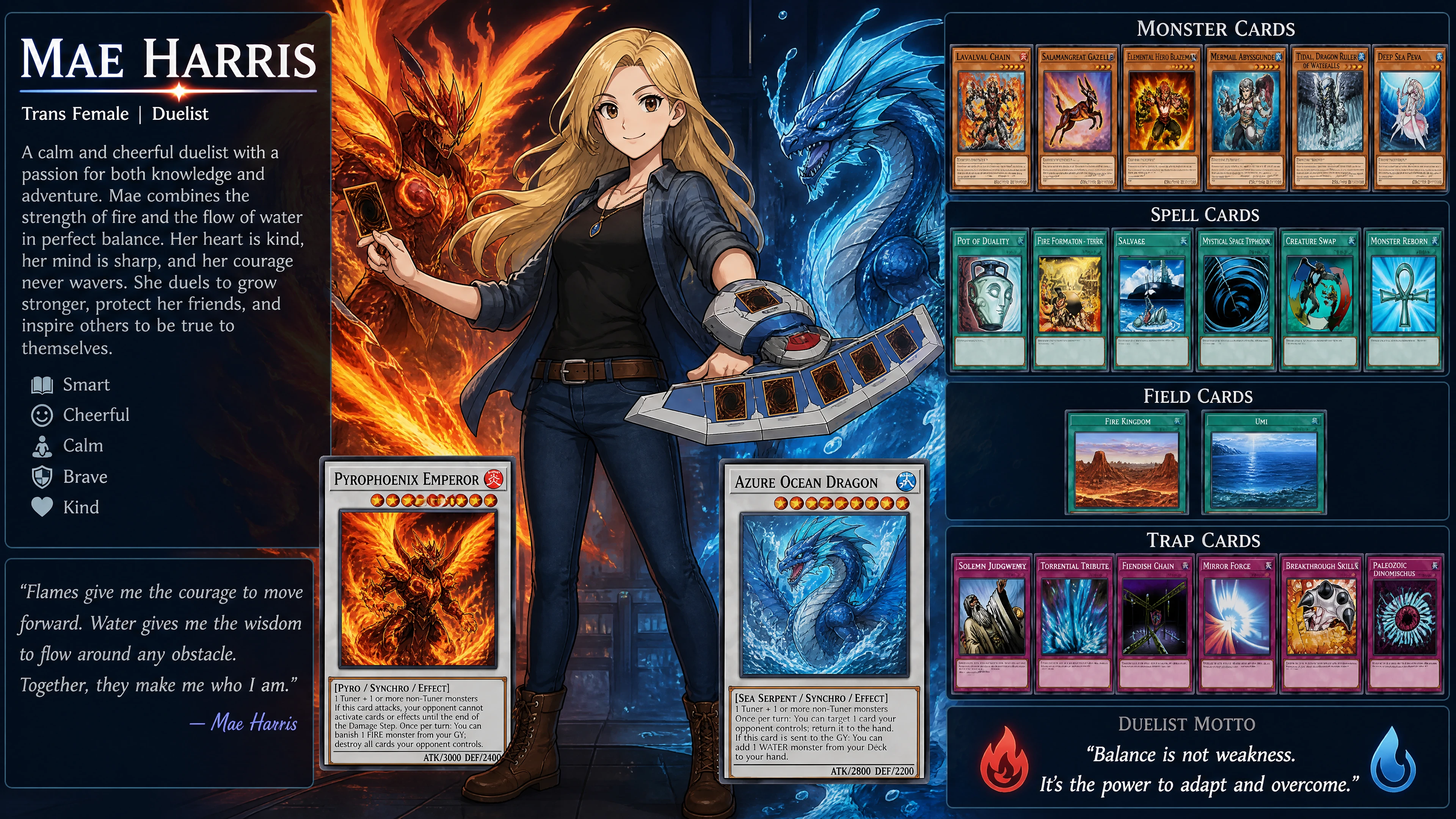 Duelista rubia alegre con disco de duelo y cartas