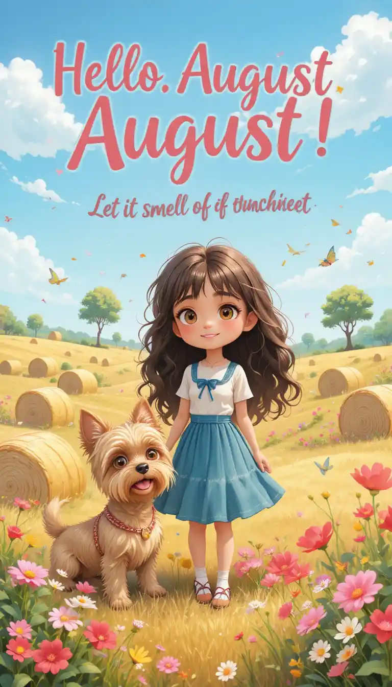 Illustrazione di dolce ragazza e cane in un campo soleggiato di agosto