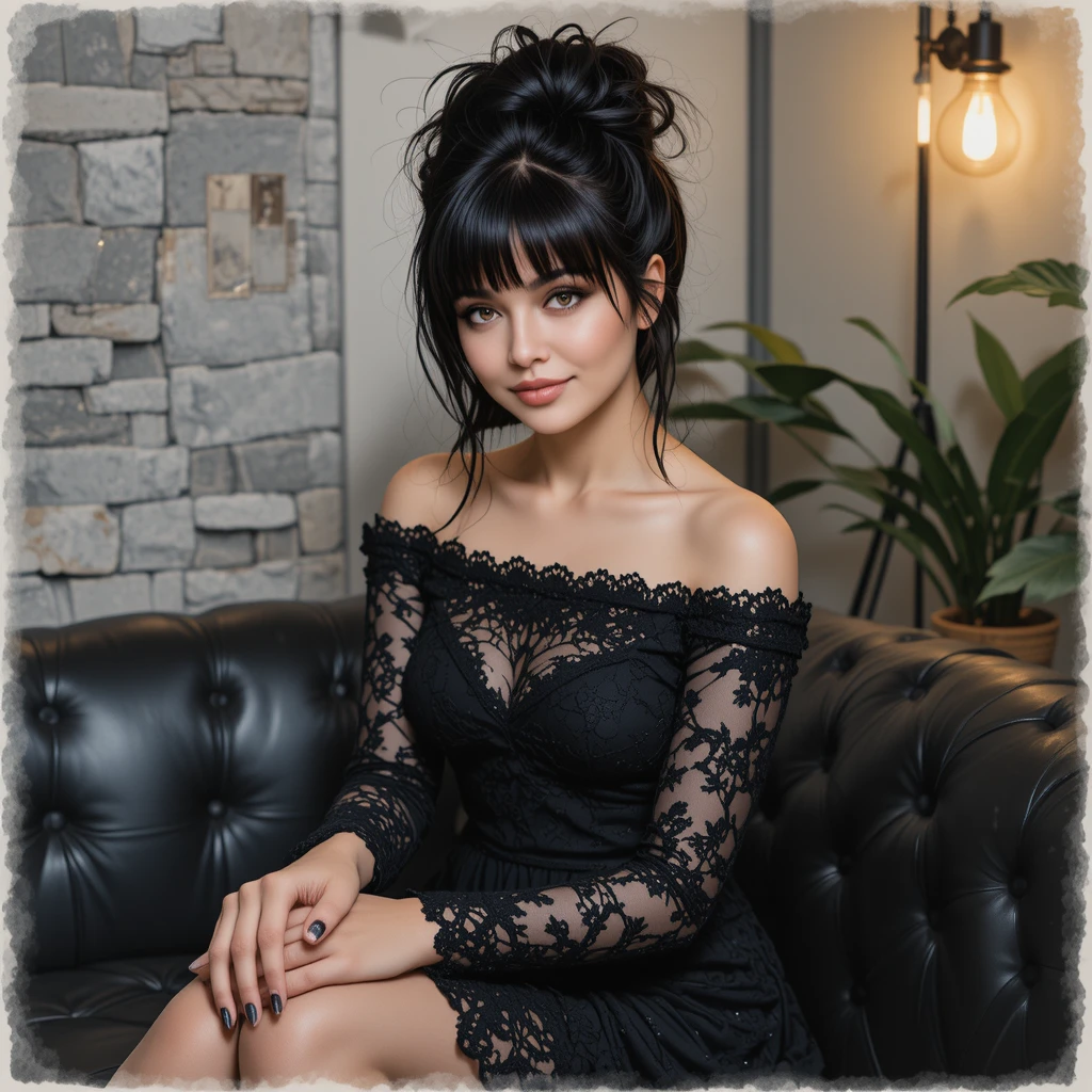 Mujer elegante con encaje negro en sofá de cuero