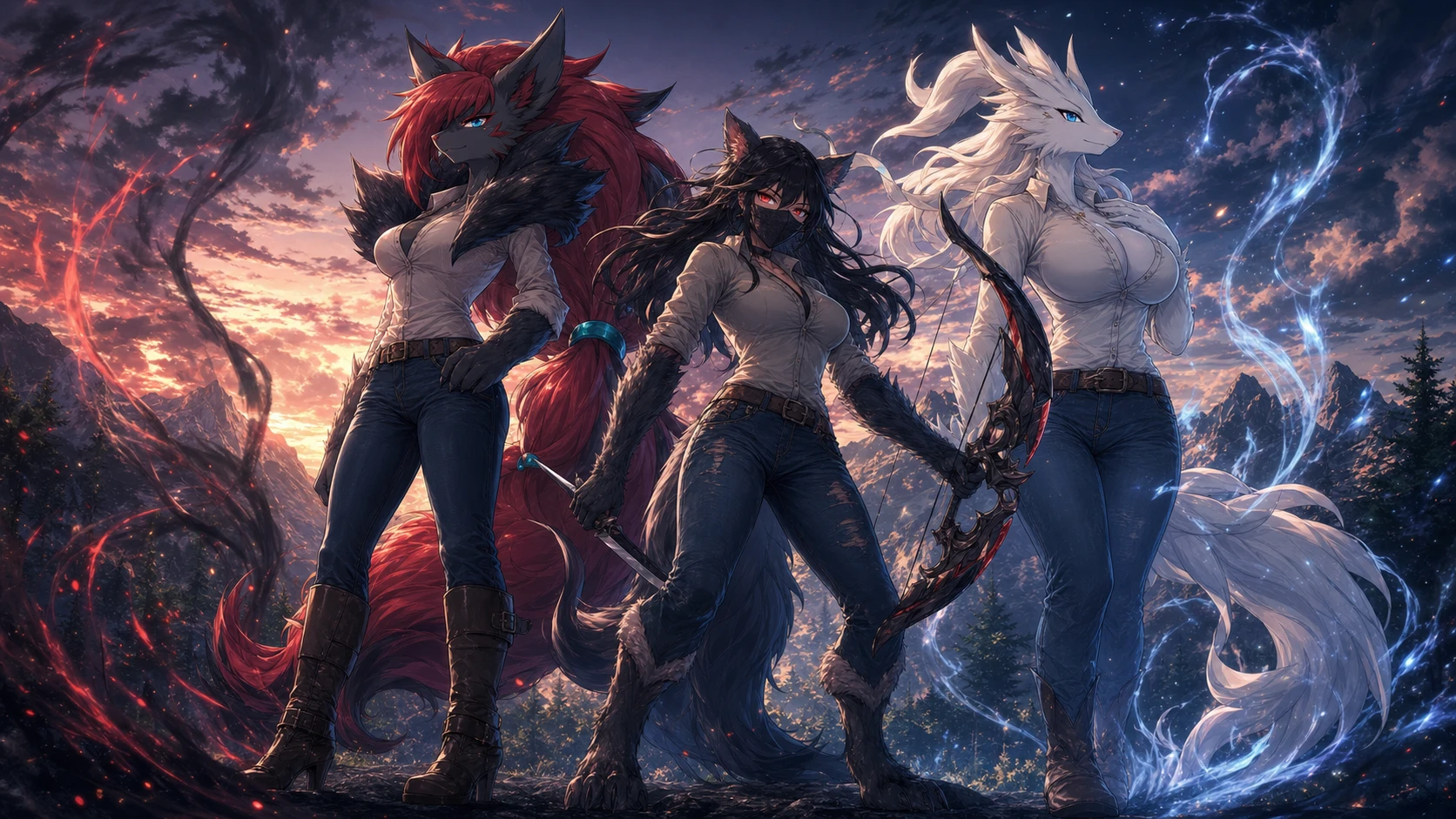 Mujer Zoroark antropomórfica con ropa casual y fluida melena roja