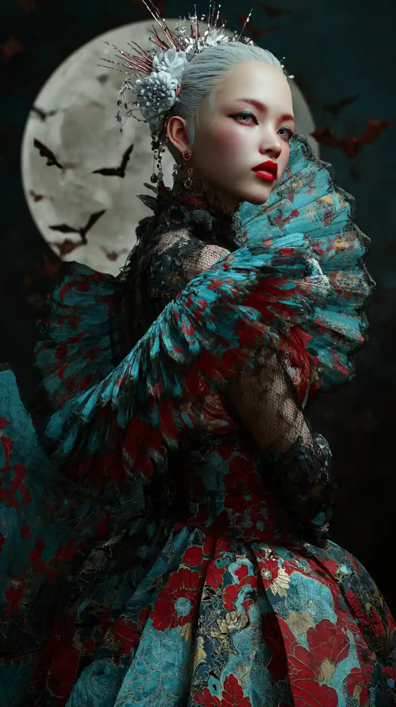 Vampire noblewoman in feathered gown under full moon