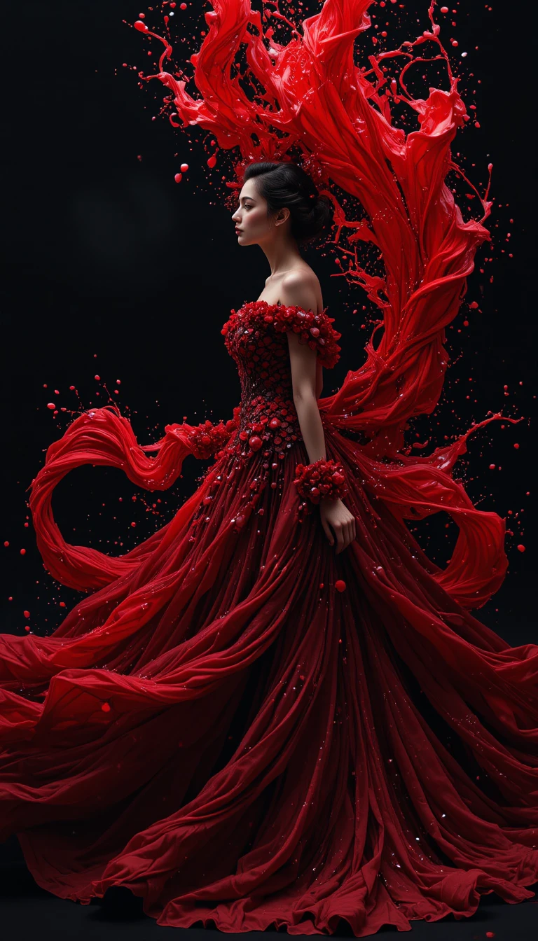 Mujer con un fluido vestido de alta costura rojo sobre fondo negro