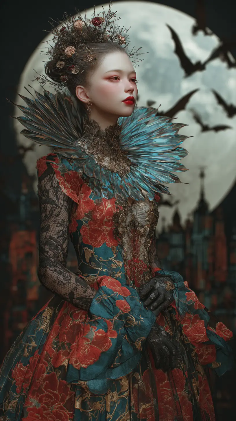 Vampire noblewoman in feathered gown under a full moon
