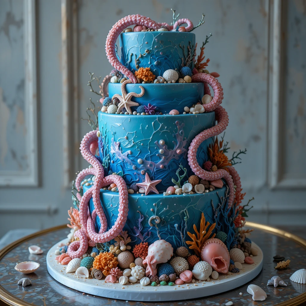 Tarta oceánica fantástica con tentáculos de pulpo y detalles de coral